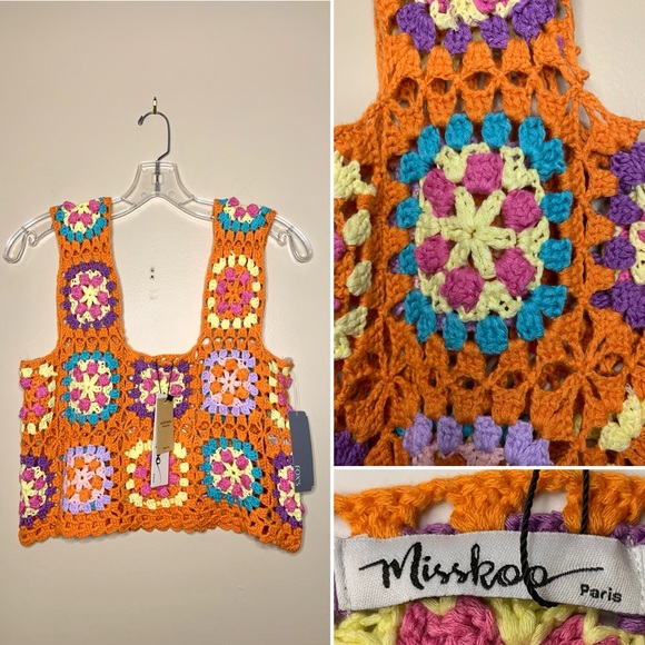 MISSKOO PARIS hand made crocheted multi color cropped top.  Size S/M - Picture 1 of 7